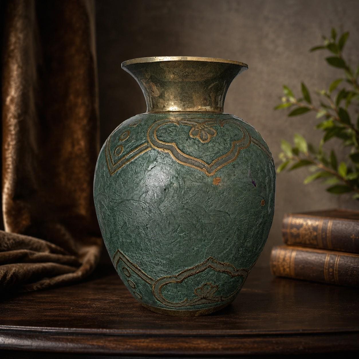 Vintage Brass & Verdigris Decorative Vase Boho Rustic Art Pottery Decor